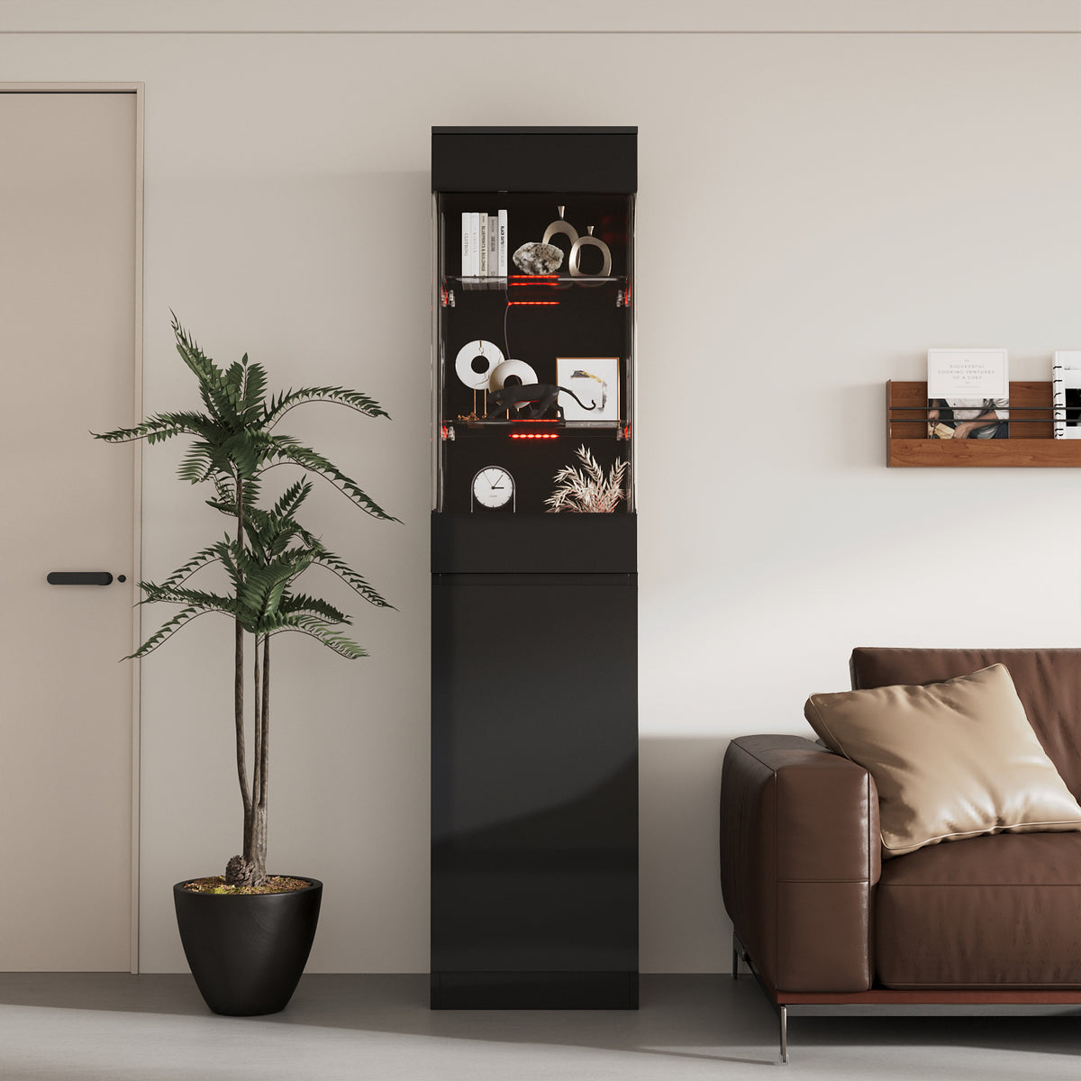 15.7" Modern Black Display Cabinet with 3-Color Adjustable Lights