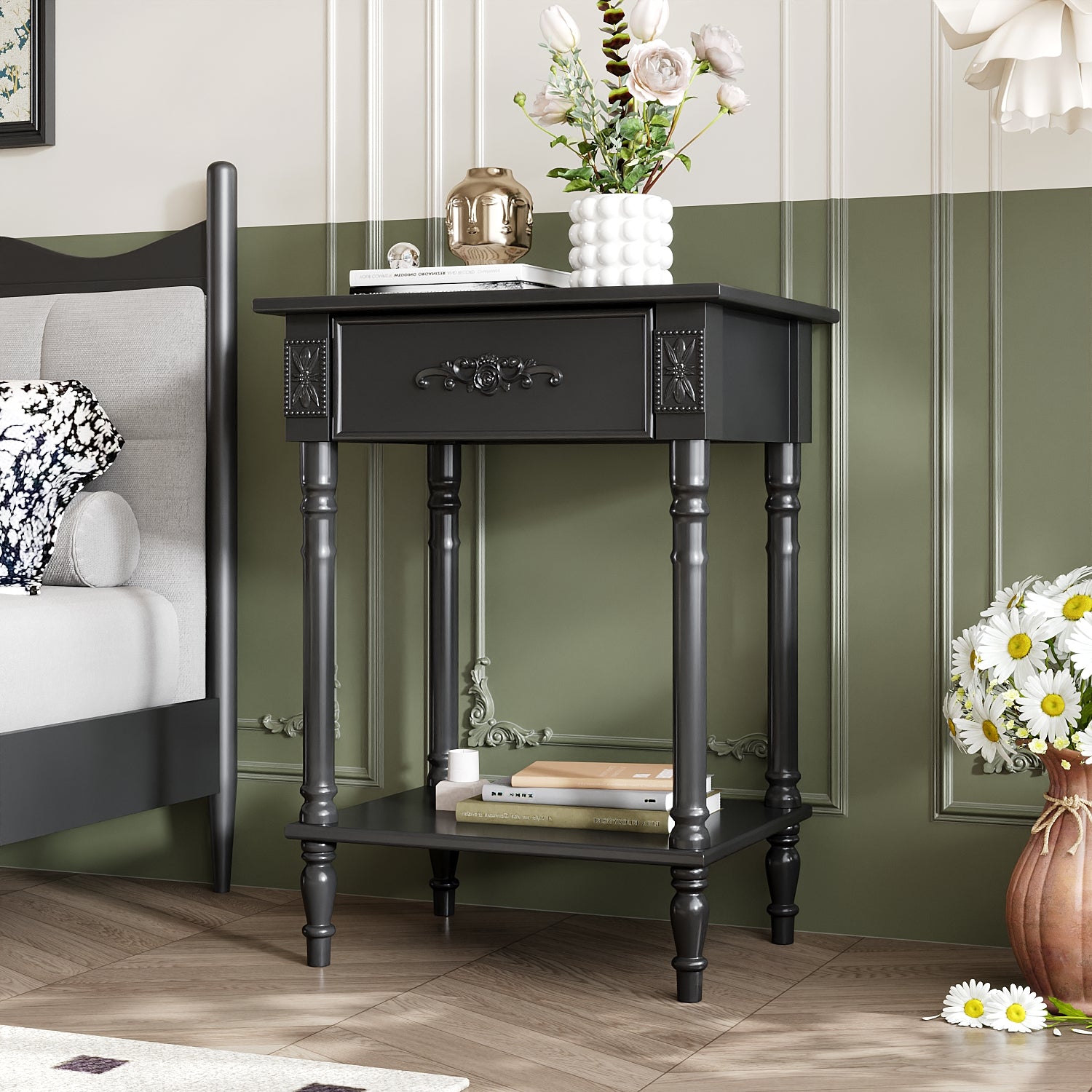 1-Shelf And 1-Drawer Nightstand With Elegent Design
