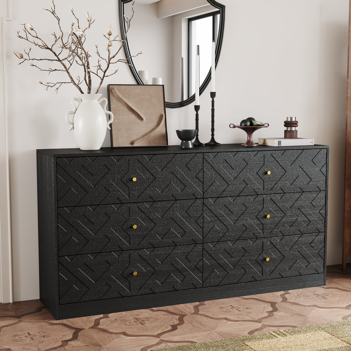 63" Rustic Black 6-Drawer Dresser with Gold Knobs and Geometric Patterns