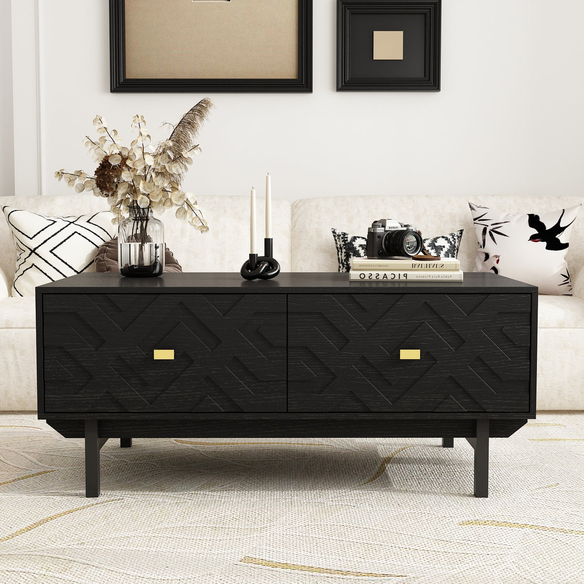 47.2" Modern Black Coffee Table with 4 Drawers