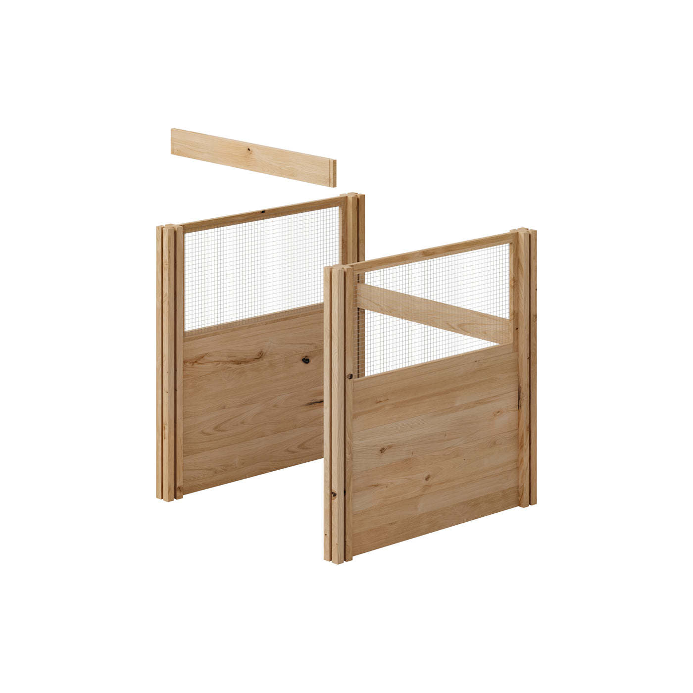 Wooden gate with mesh panels on a white background