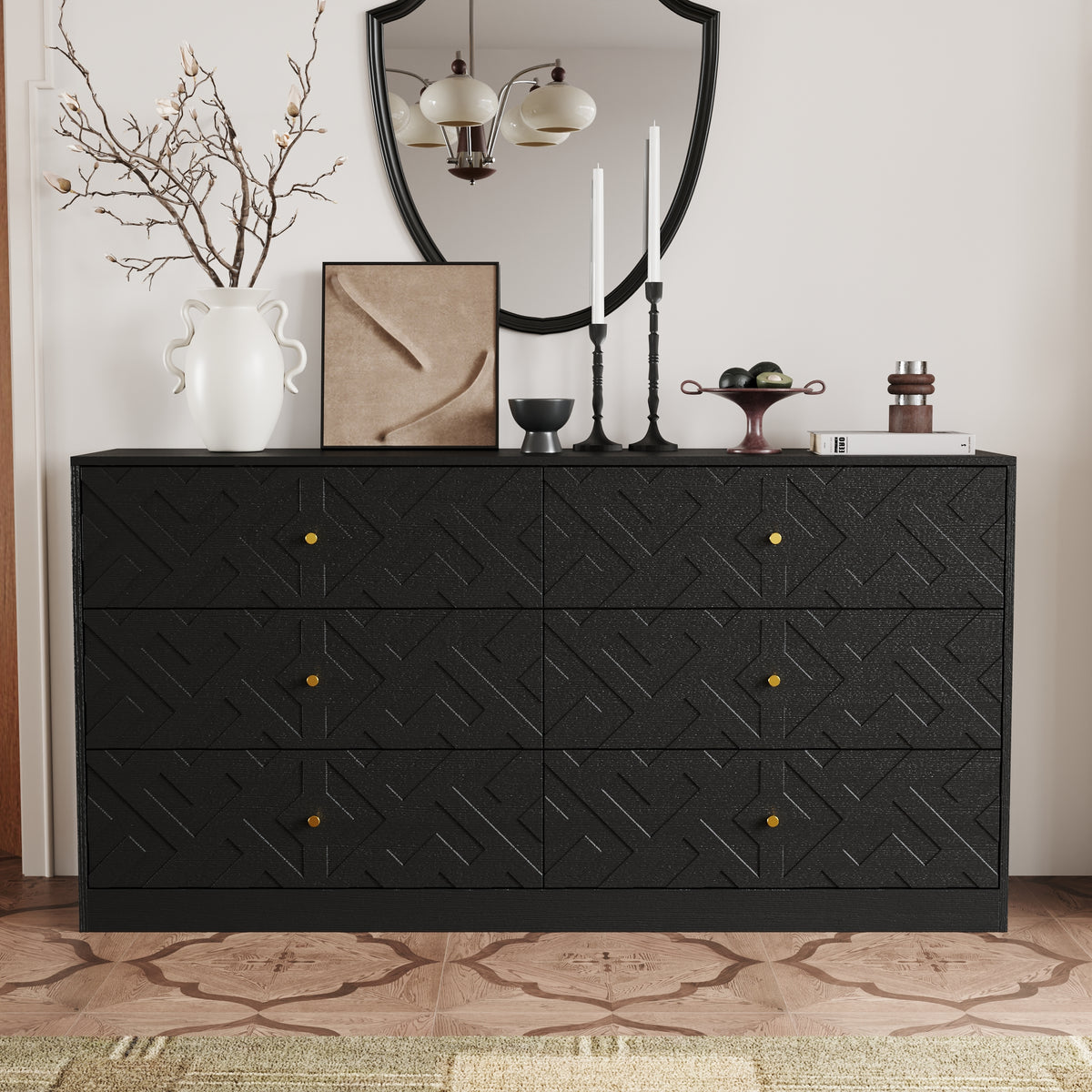 63" Rustic Black 6-Drawer Dresser with Gold Knobs and Geometric Patterns