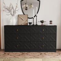 63" Rustic Black 6-Drawer Dresser with Gold Knobs and Geometric Patterns