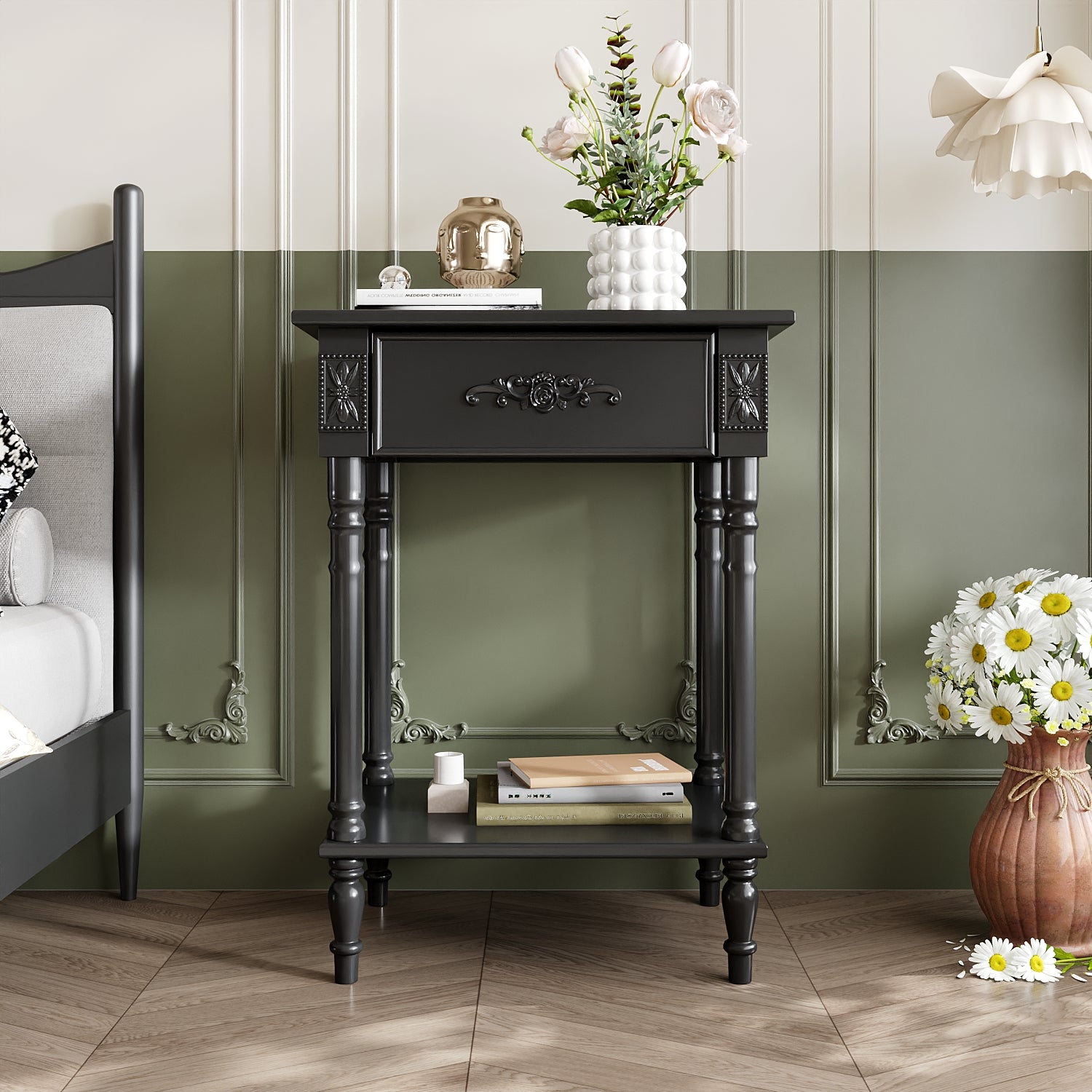 1-Shelf And 1-Drawer Nightstand With Elegent Design