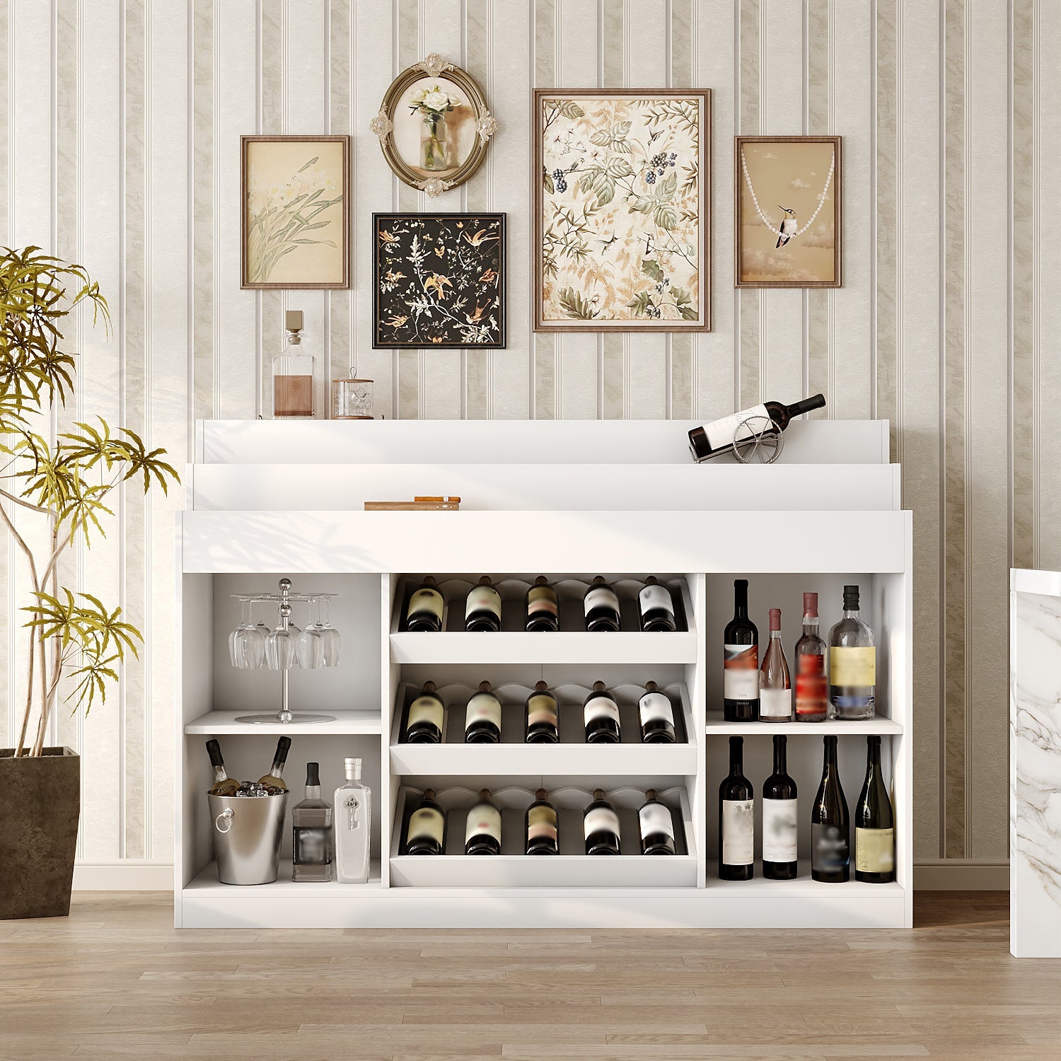 Wine Bar Cabinet With Light, Home Coffee Cabinet With Wine Shelf And Glass Top