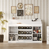 56.3" Modern White Wine Bar Cabinet With Light, Home Coffee Cabinet With Wine Shelf And Glass Top