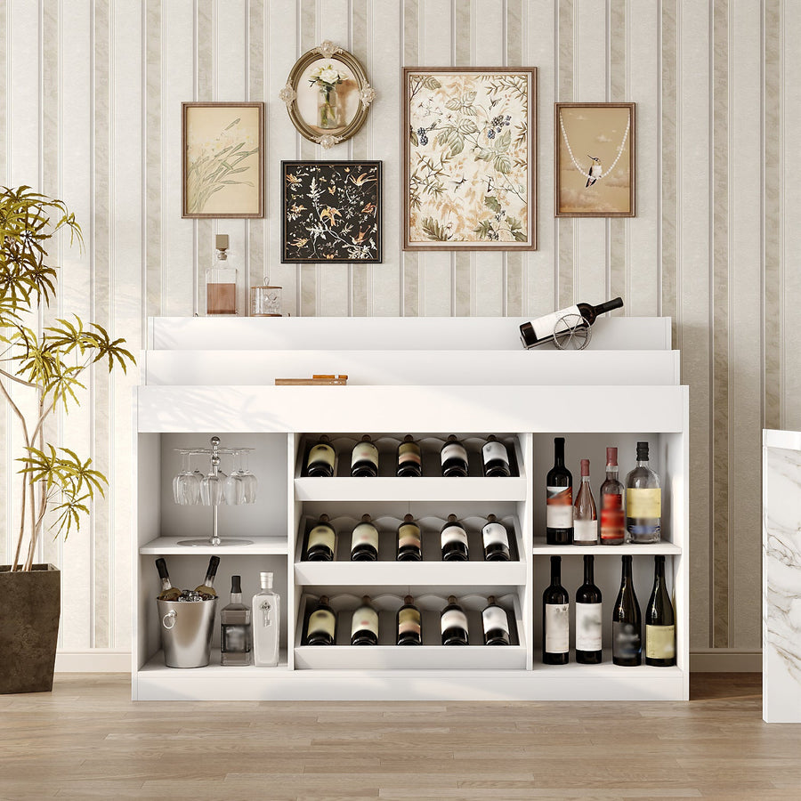 56.3" Modern White Wine Bar Cabinet With Light, Home Coffee Cabinet With Wine Shelf And Glass Top
