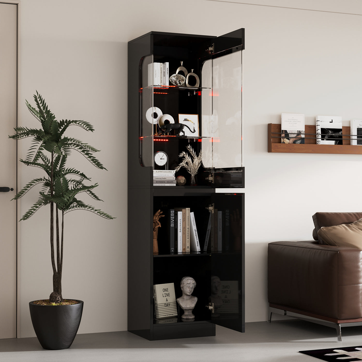 15.7" Modern Black Display Cabinet with 3-Color Adjustable Lights