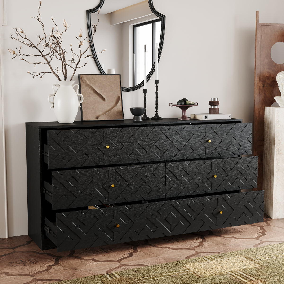 63" Rustic Black 6-Drawer Dresser with Gold Knobs and Geometric Patterns