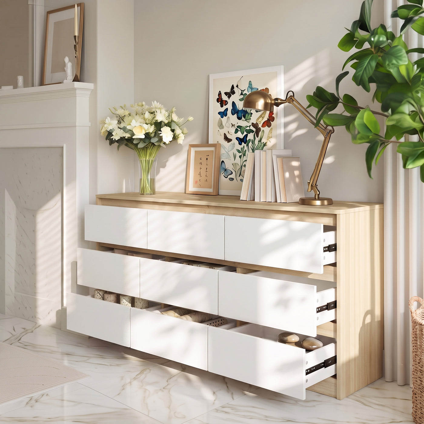 63” Wide Modern Minimalist 9-Drawer Dresser & Storage Sideboard
