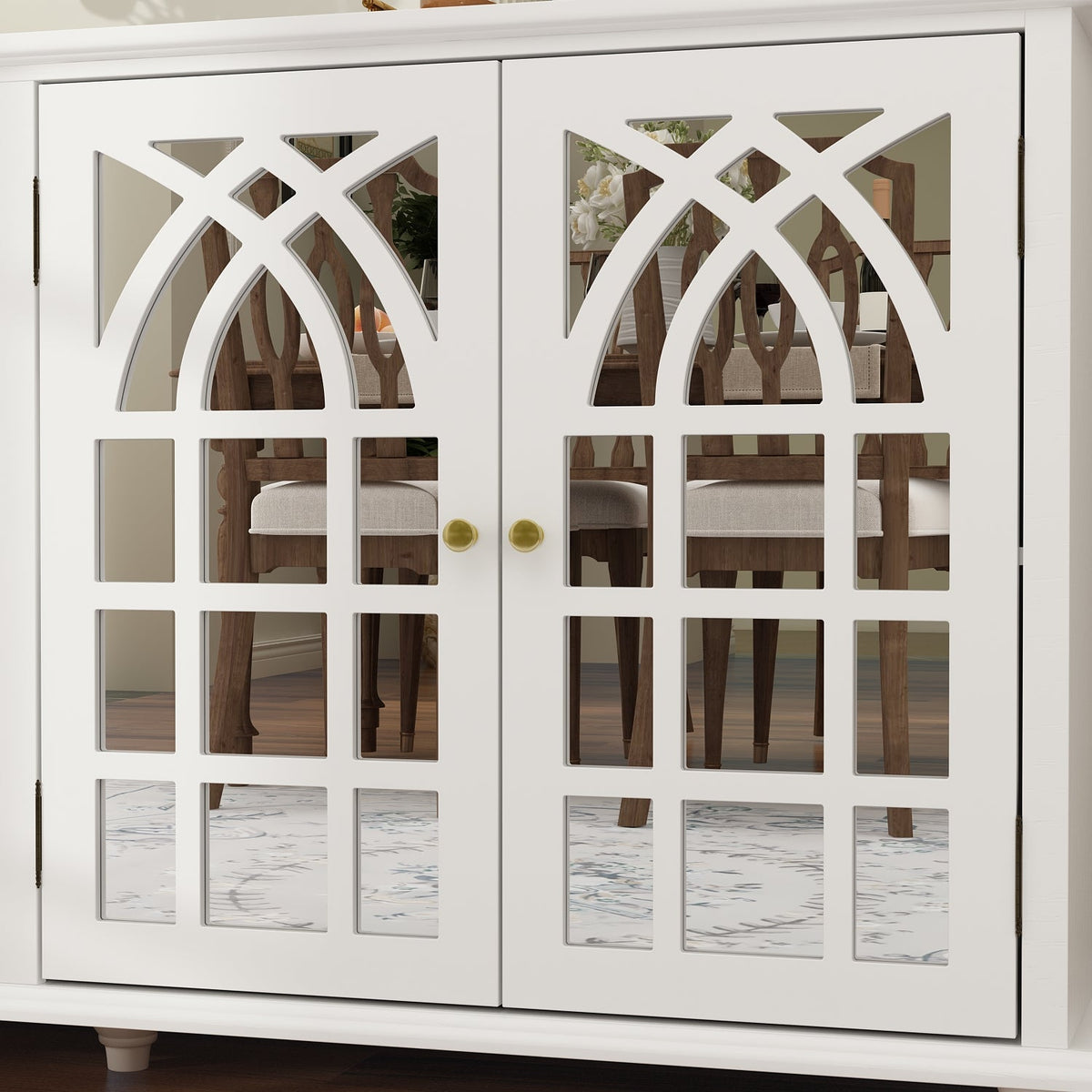 Wood Storage Cabinet Modern Sideboard Stand with 4 Mirrored Glass Doors