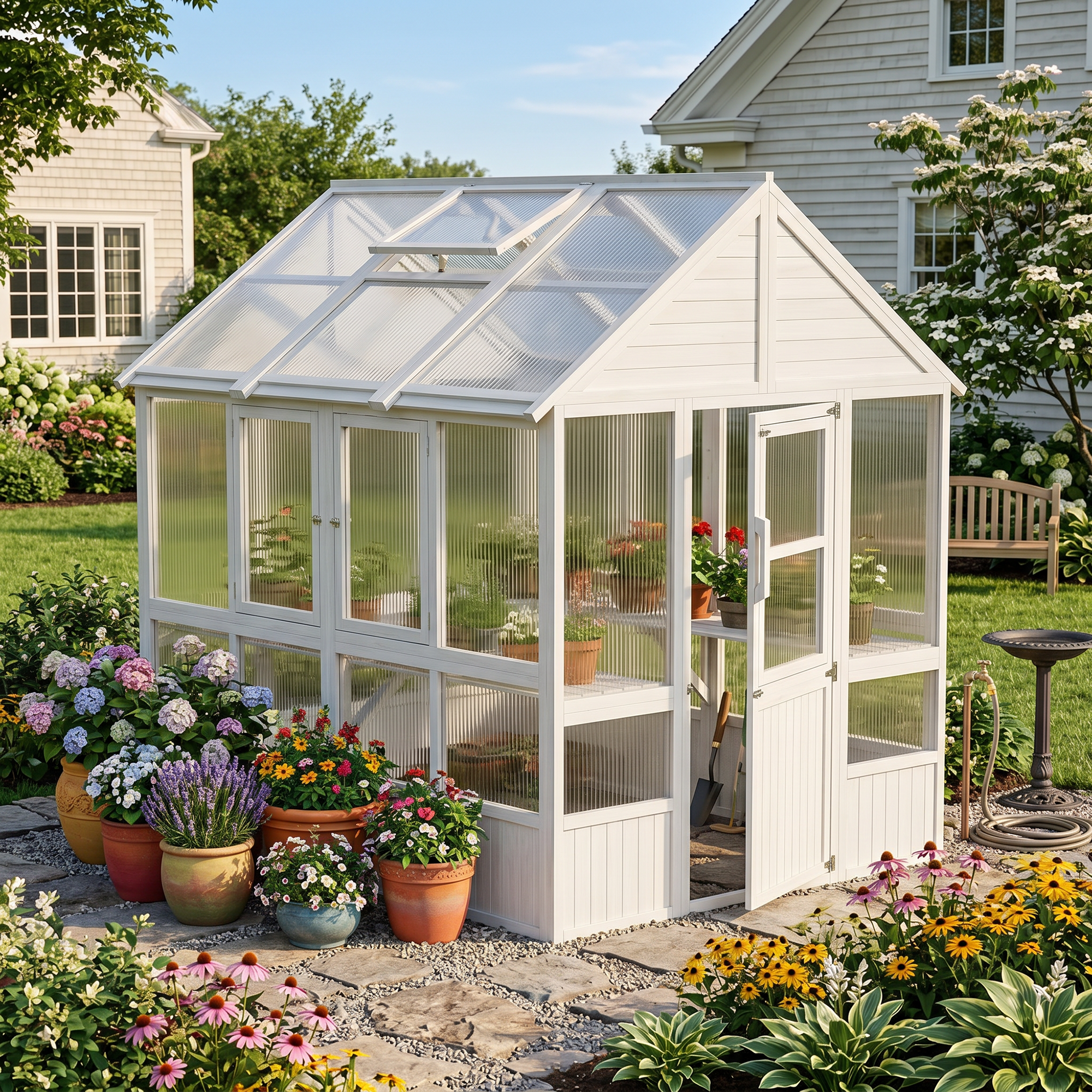 81 inches White Wood Outdoor Greenhouse with Polycarbonate Panels, Adjustable Roof Vents & Reinforced Frame