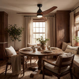 Cozy living room with wooden table, chairs, and decorative elements.