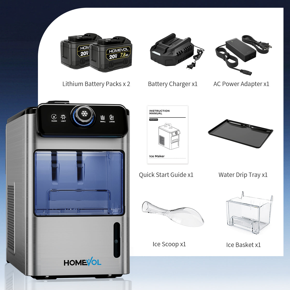 Homevol EVO1 Corded & Battery Powered Ice Maker with Self-Cleaning