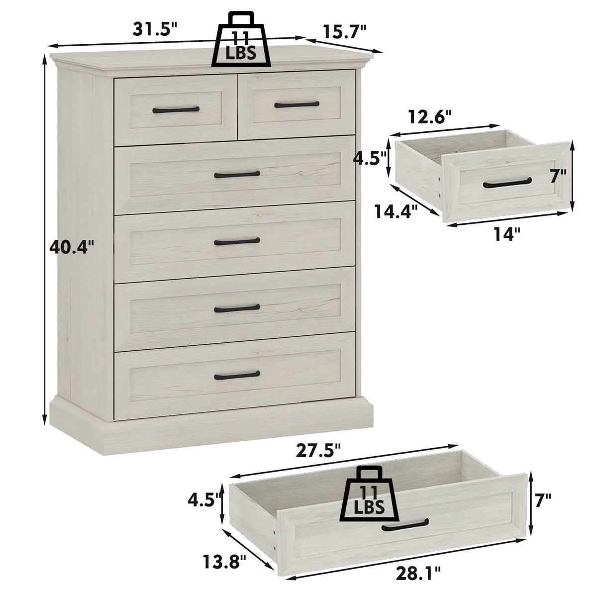 31.5" Rustic Brown 6-Drawer Vertical Dresser Chest with Metal Handles