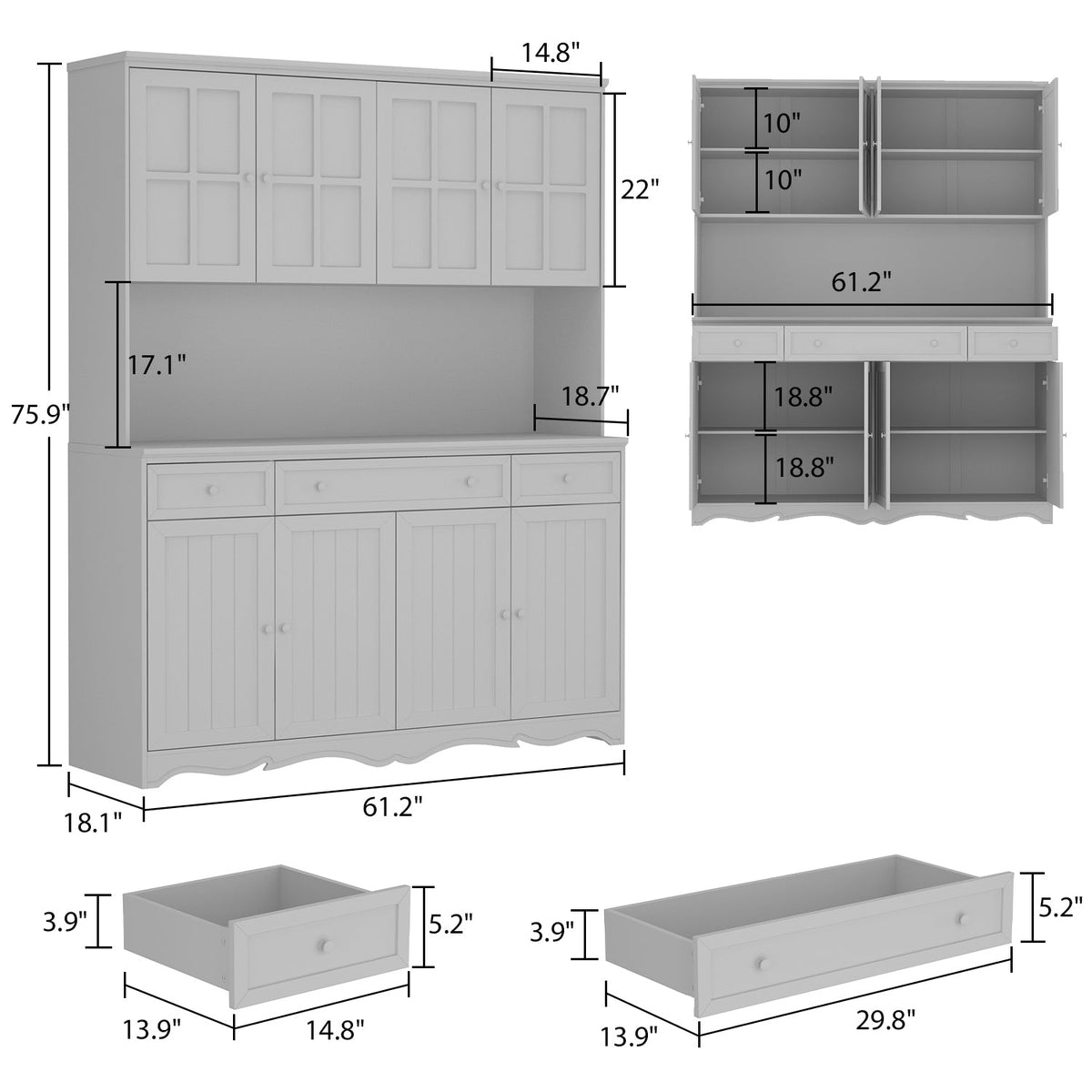 61.2" Mid-Century Modern Wood Storage Cabinet with Drawers for Kitchen and Living Room