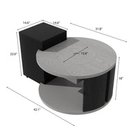 Dimensions of a round coffee table with black side tables on a white background