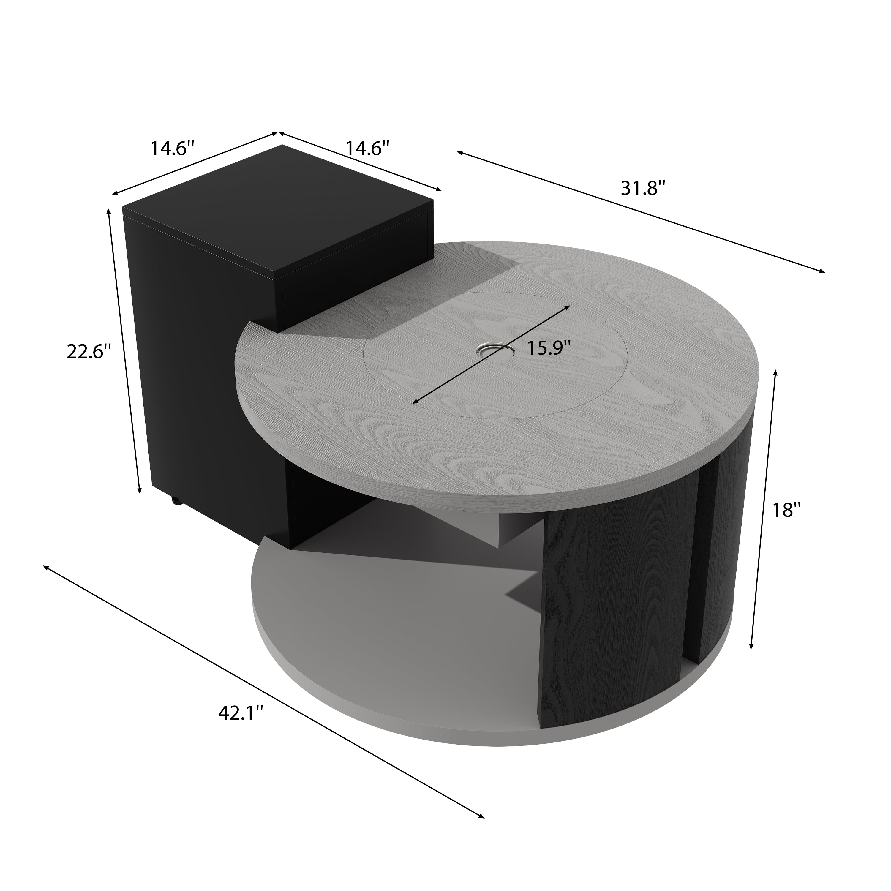 Dimensions of a round coffee table with black side tables on a white background
