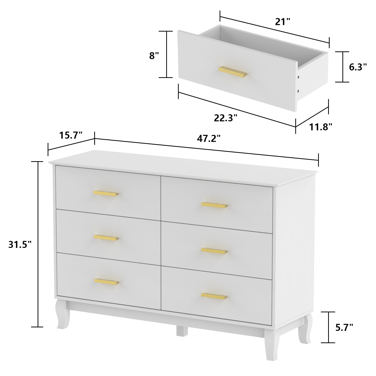 Modern White Finish Double Dresser 6-Drawer Cabinet for Hallway Entryway Living Room