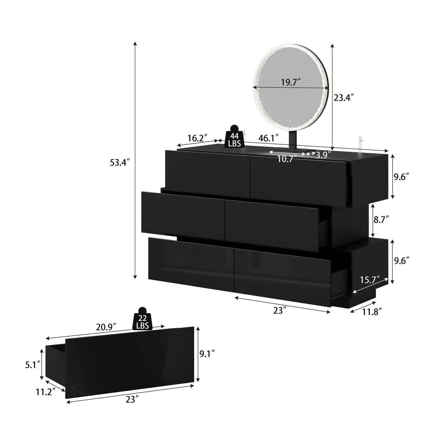 Black high-gloss dresser with wide drawers and vanity mirror setup