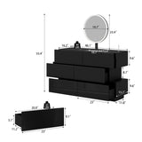 Black high-gloss dresser with wide drawers and vanity mirror setup