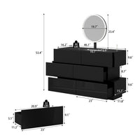 Black high-gloss dresser with wide drawers and vanity mirror setup