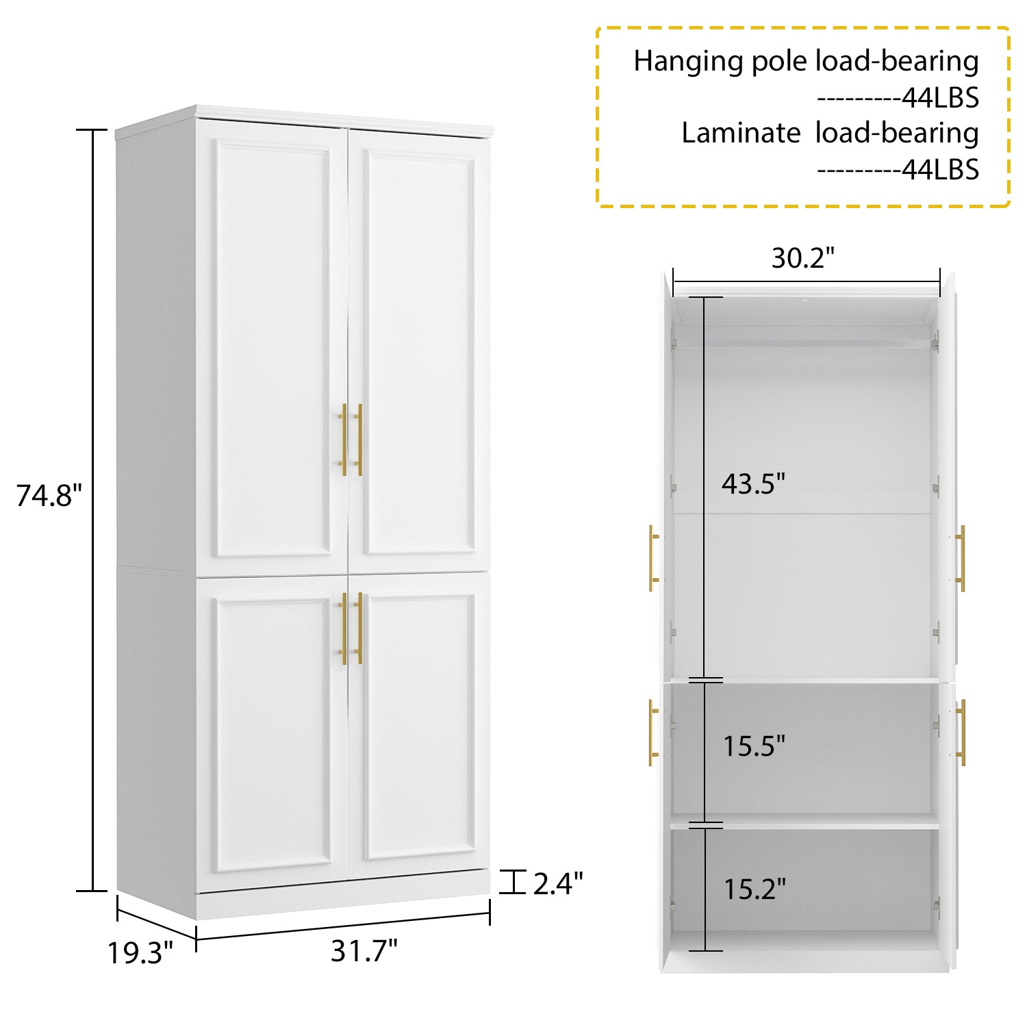 74.8'' H X 31.7'' W 4 Doors Armoire