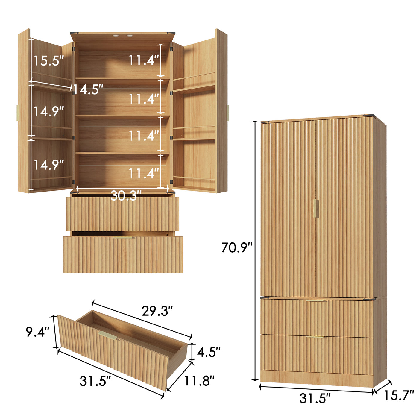31.5" Modern Natural Pantry Cabinet with Door Shelves & 2 Drawers