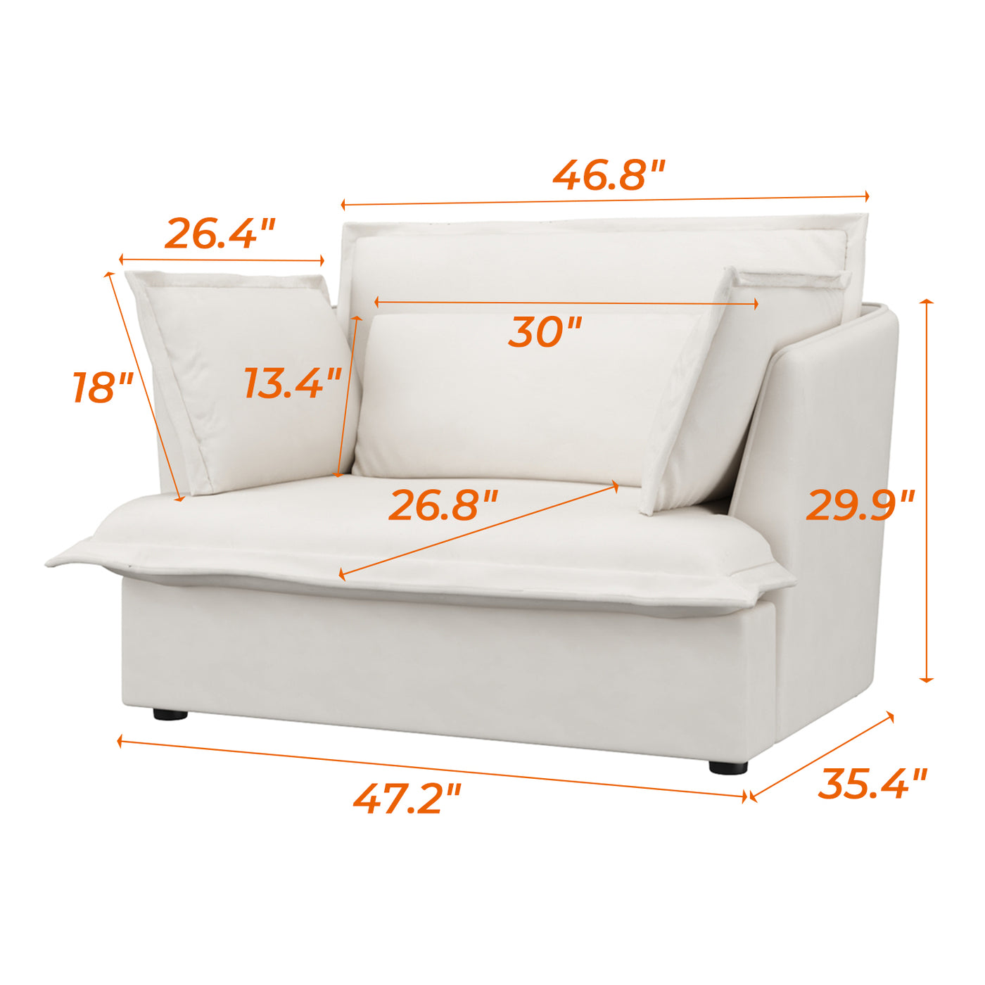 47.2" Modern White Upholstered Single Sofa with 3 Accent Pillows
