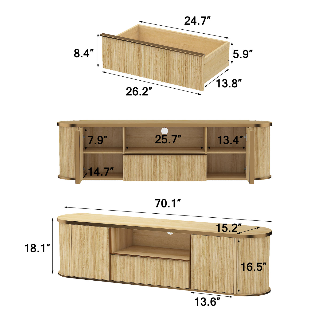 70" Symmetric Natural Wood L-Shaped TV Stand Media Console with Gold Trim