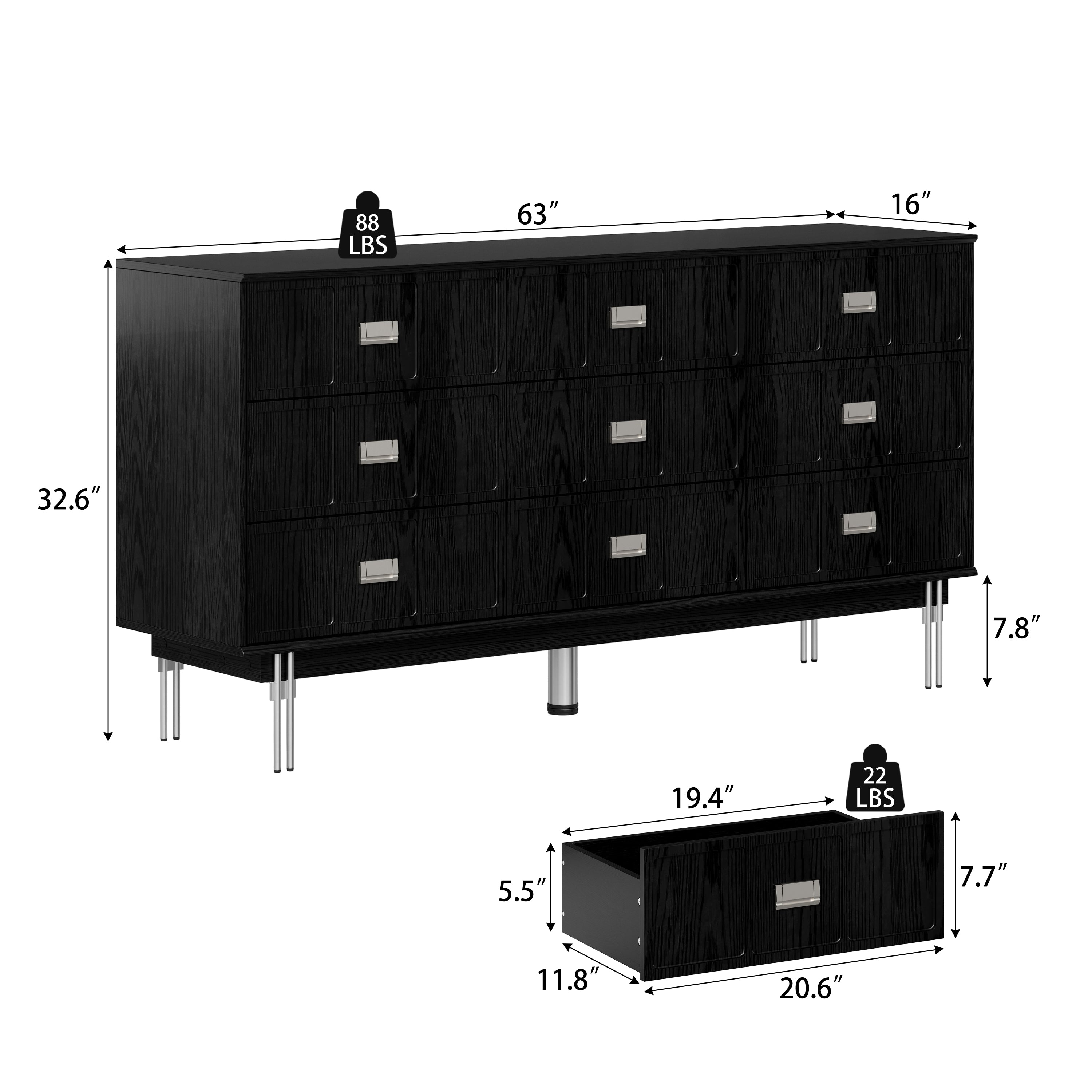 Modern black dresser with silver handles and metal legs