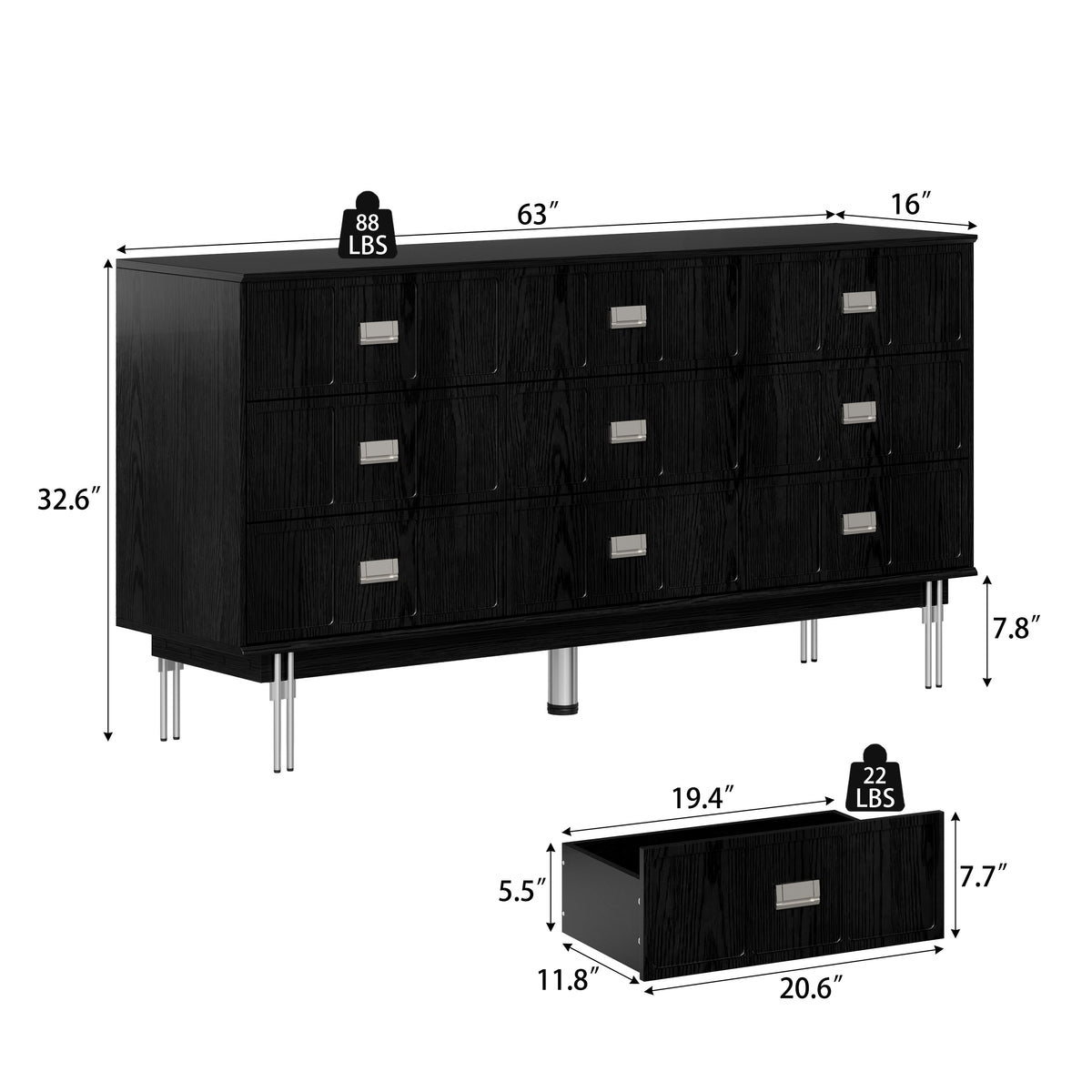 Modern black dresser with silver handles and metal legs