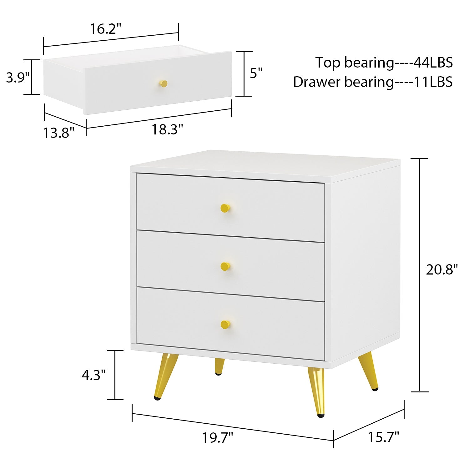 Storage Nightstand Chest 3 Drawers Cabinet in Bedroom with Metal Parts