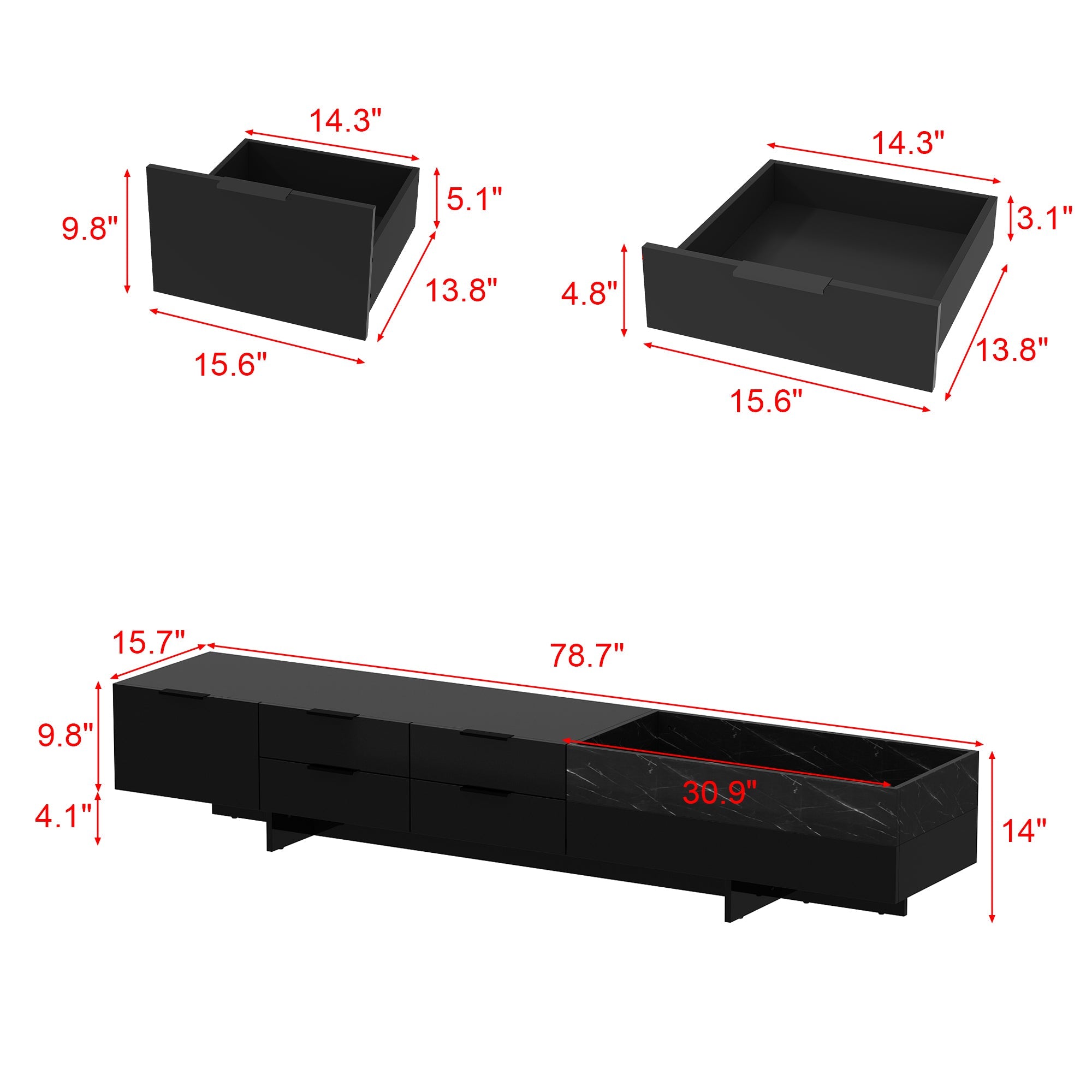 78.7'' W 5-Drawer High-Gloss Surface TV Stand Media Center With Stone Texture Design Groove Storage