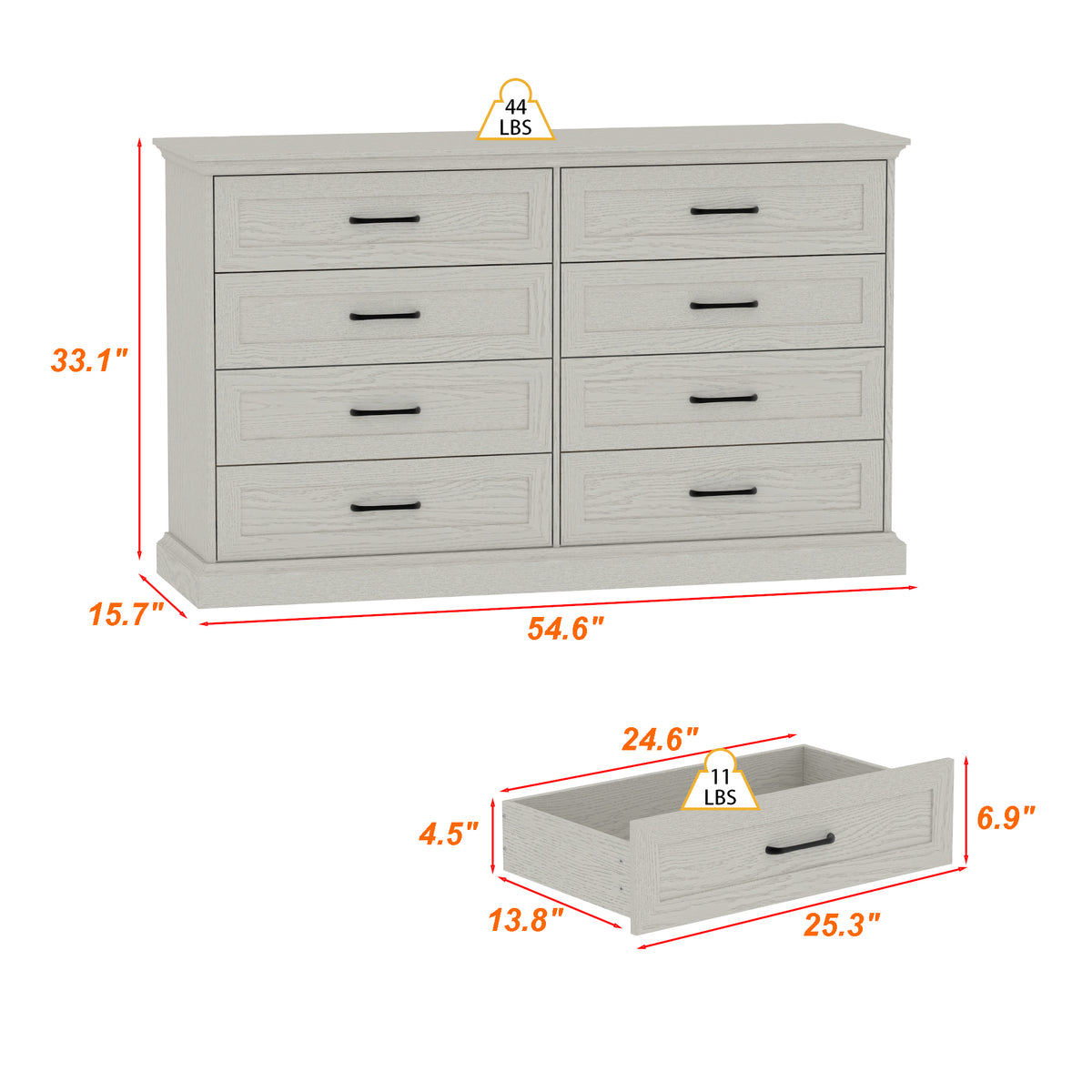 54.6" Rustic Wood Dresser with 8 Drawers