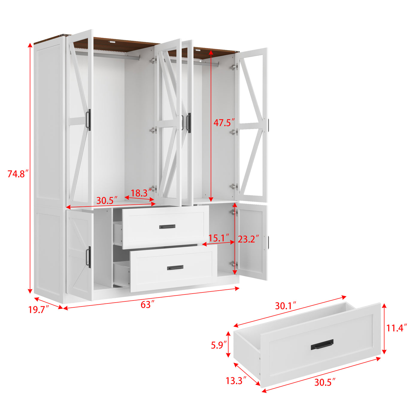 63" Modern Natural Wardrobe with 3-Color Lights and Glass Doors