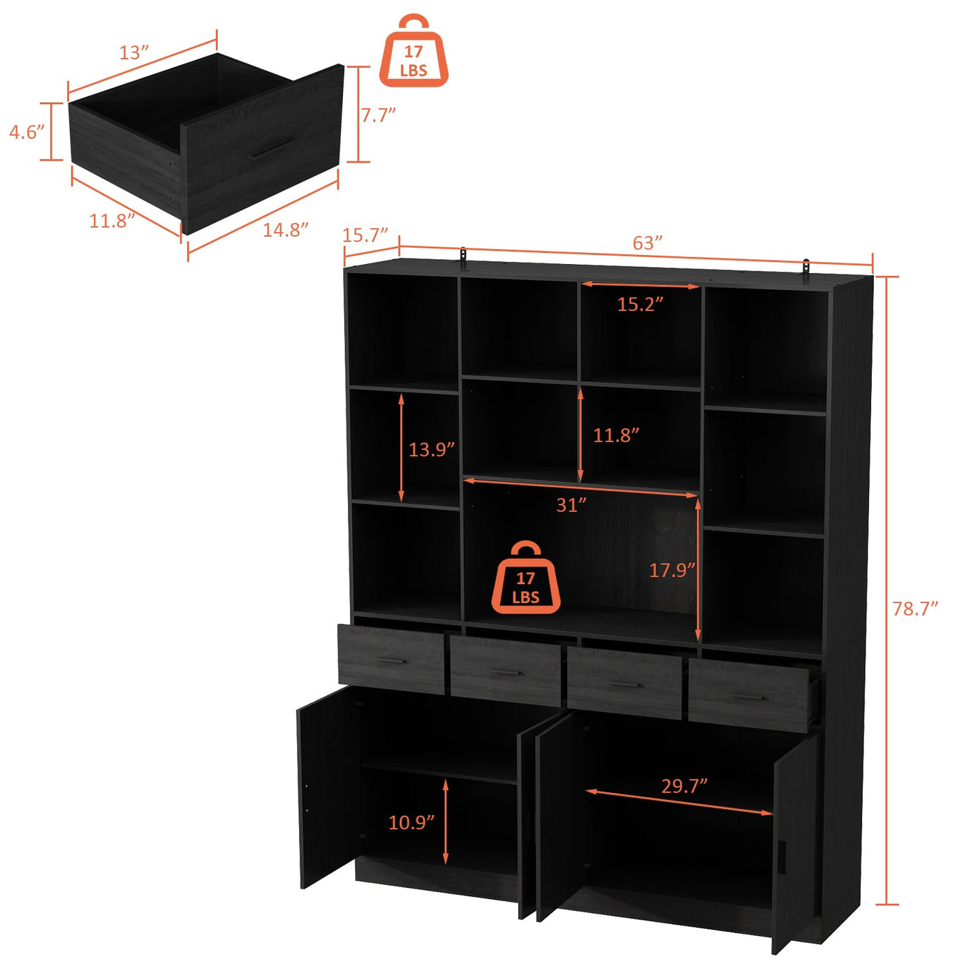 78.7" Modern Dark Gray Kitchen Pantry With 4 Drawers, Adjustable Shelves