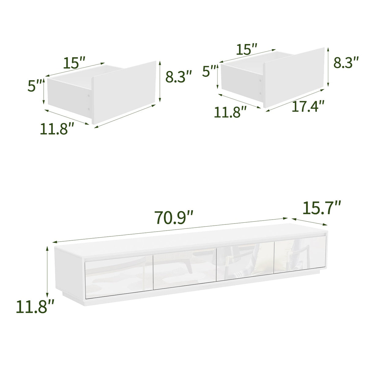 71 inch Minimalist High Gloss TV Stand with LED Ambiance