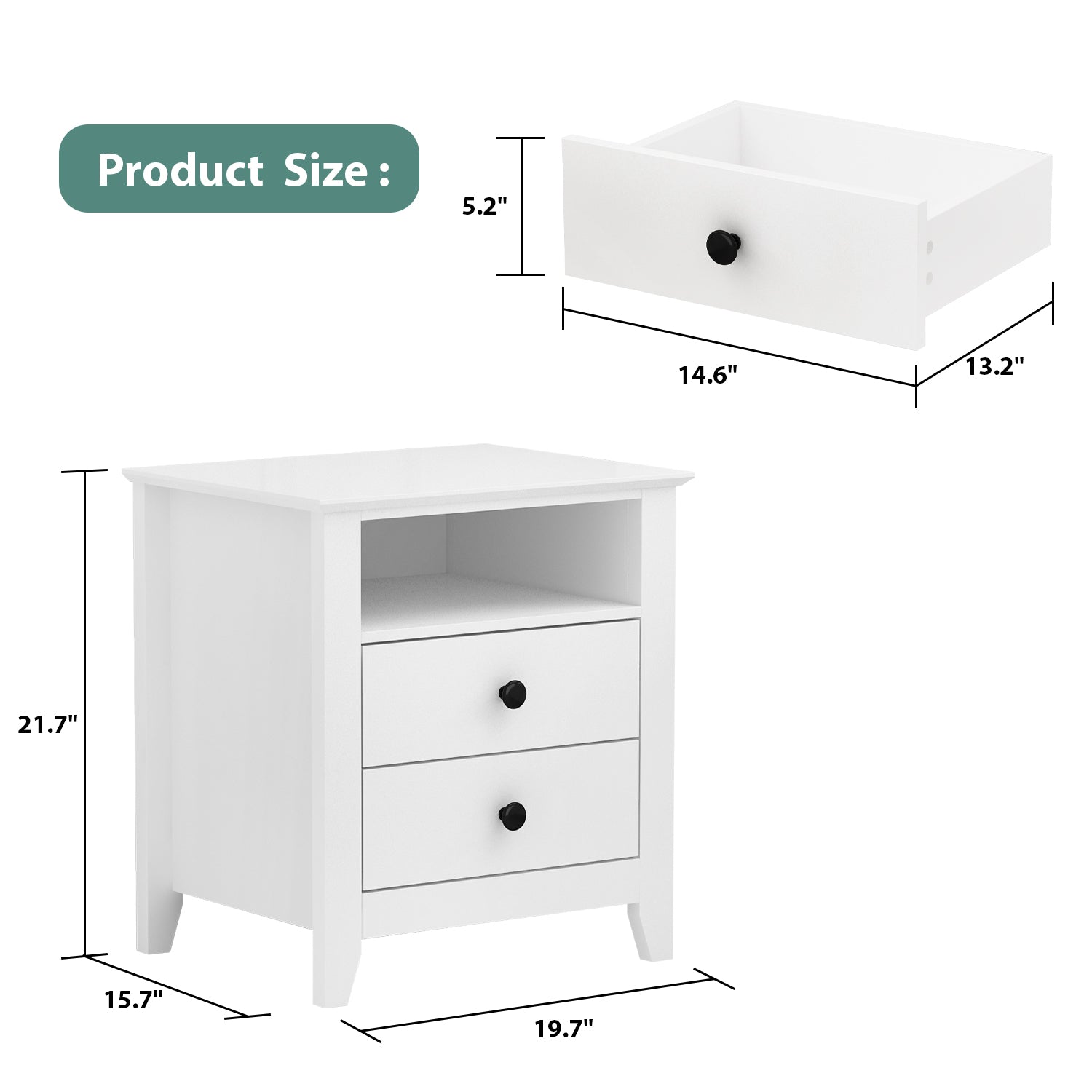 End Table Side Table with 2 Drawers & Shelf Bedside Table Nightstand with Wooden Legs