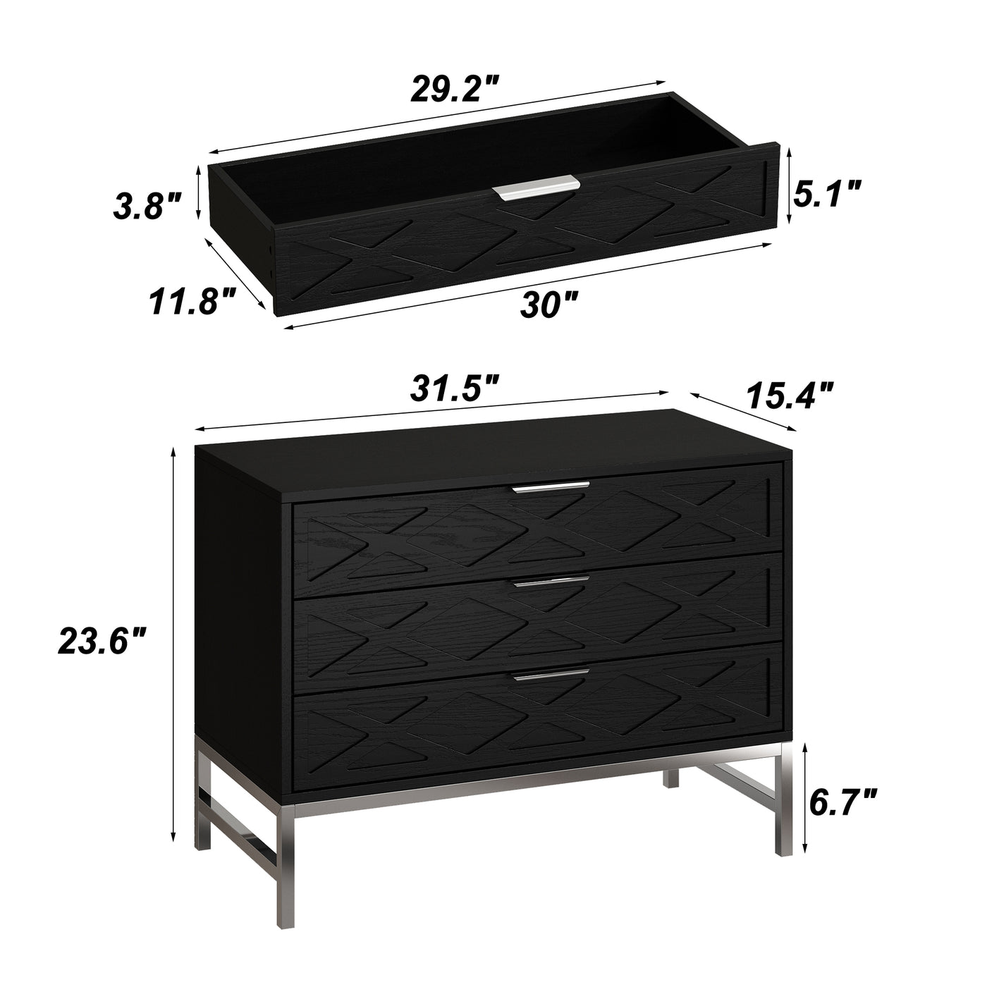 19.7" Modern Black 3-Drawer Nightstand with Metal Legs