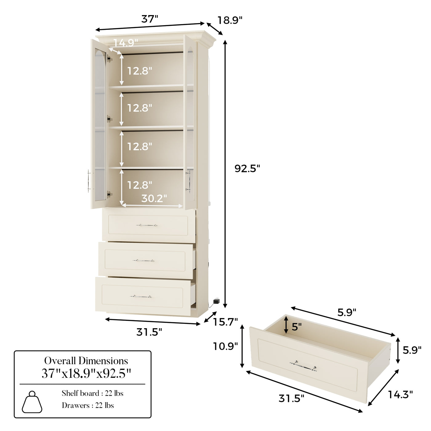 37" Modern Beige Display Cabinet with Arched Glass Doors, LED Lighting and 3 Drawers