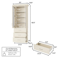 37" Modern Beige Display Cabinet with Arched Glass Doors, LED Lighting and 3 Drawers