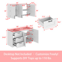 60" White Kitchen Sideboard Buffet Pantry Cabinet with Wall-Mounted Upper Storage Cabinet, 3 Drawers and Double Base Doors