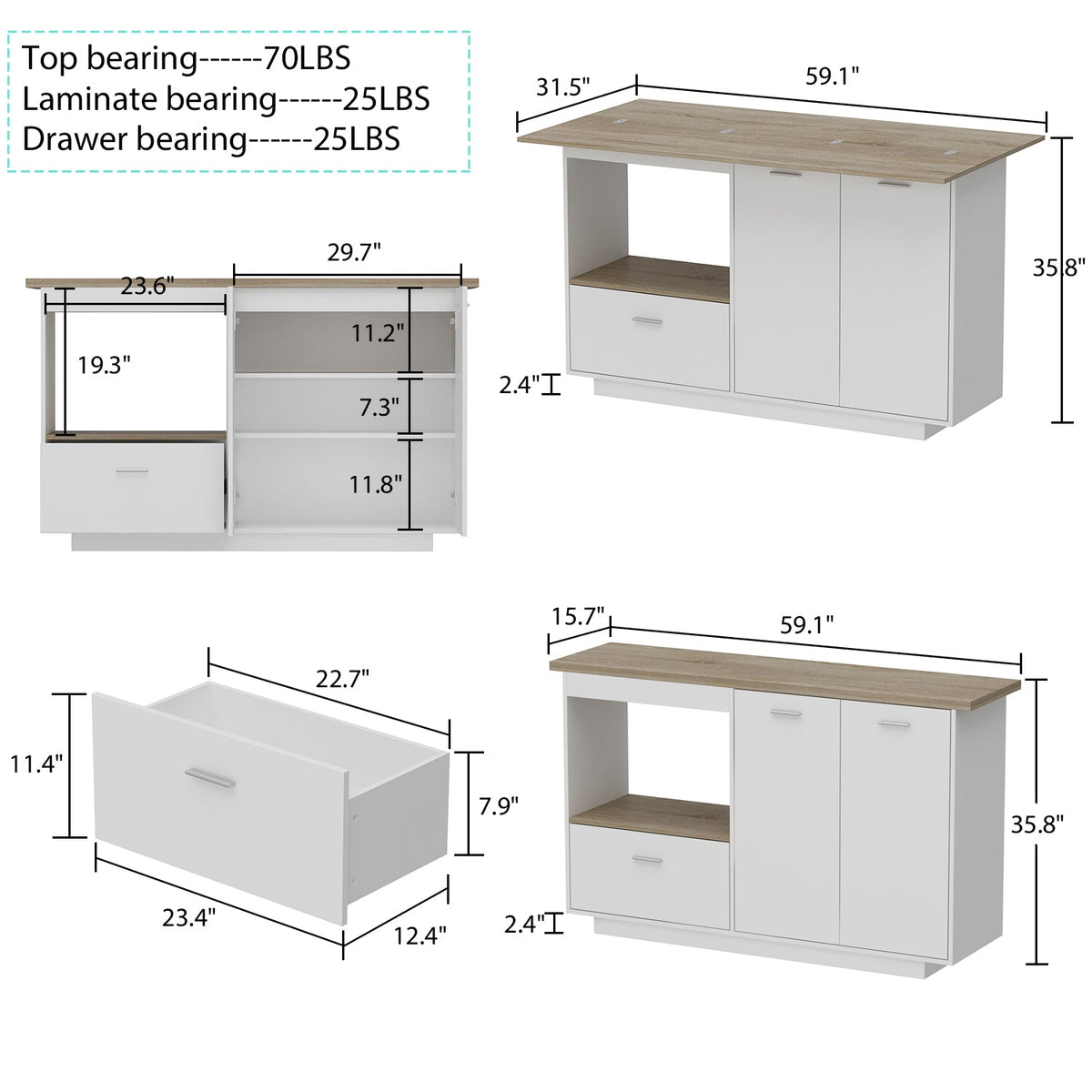 Kitchen Island with Open Storage and Adjustable Shelf Modern Style