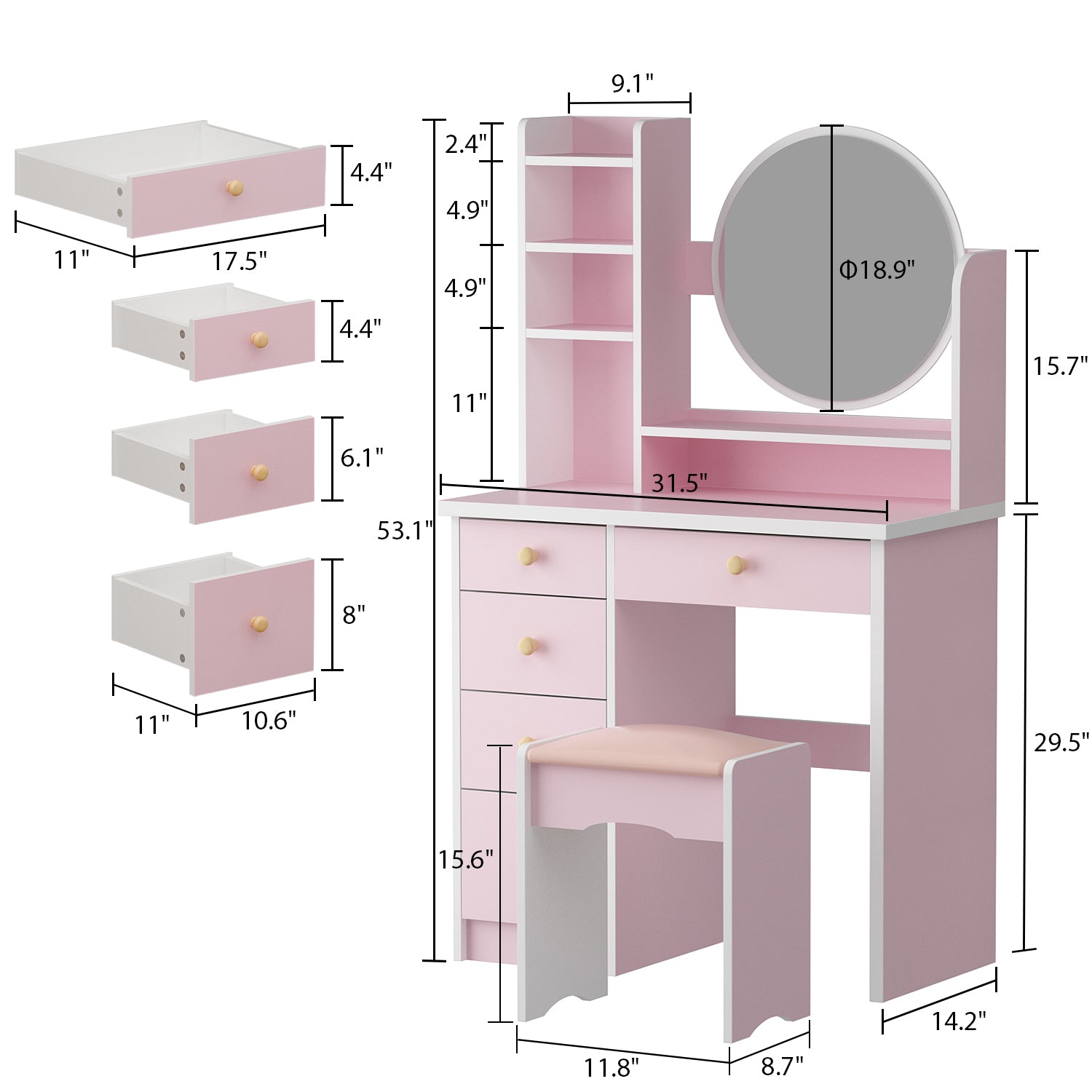 Makeup Vanity Set with Cushioned Stool, 5 Drawers & Display Shelves