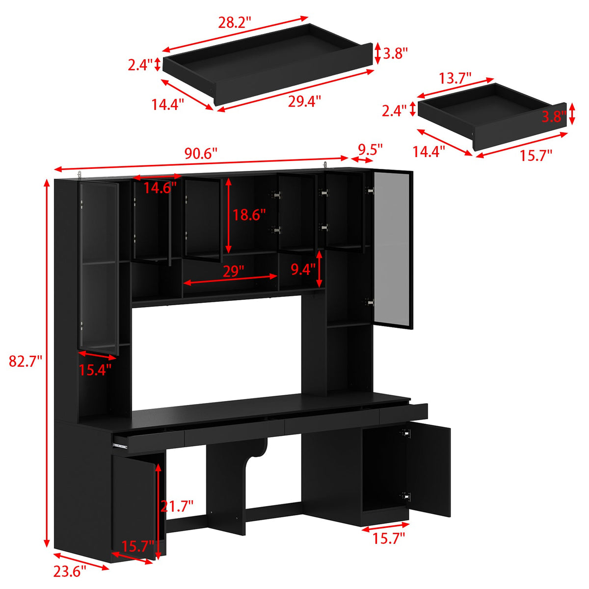 90.6" Transitional Black Computer Desk With Light And Glass Hinged Doors