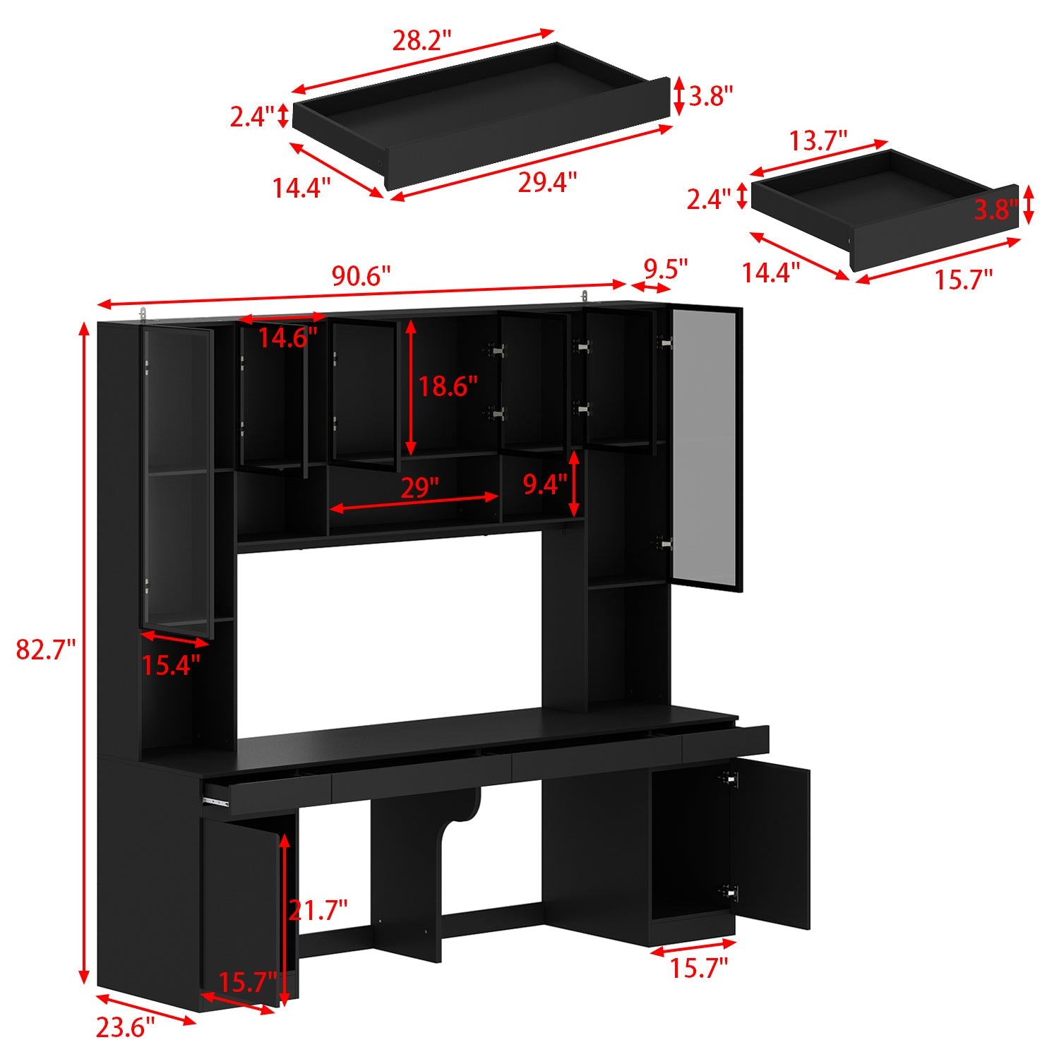 90.6 inches Transitional Black Computer Desk With Light And Glass Hinged Doors