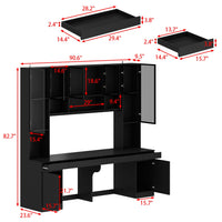 90.6" Transitional Black Computer Desk With Light And Glass Hinged Doors