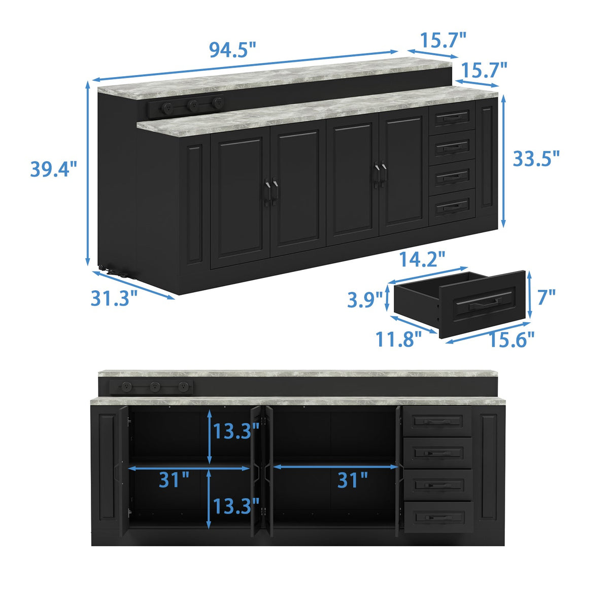 Black bathroom vanity with marble countertop and dimensions labeled