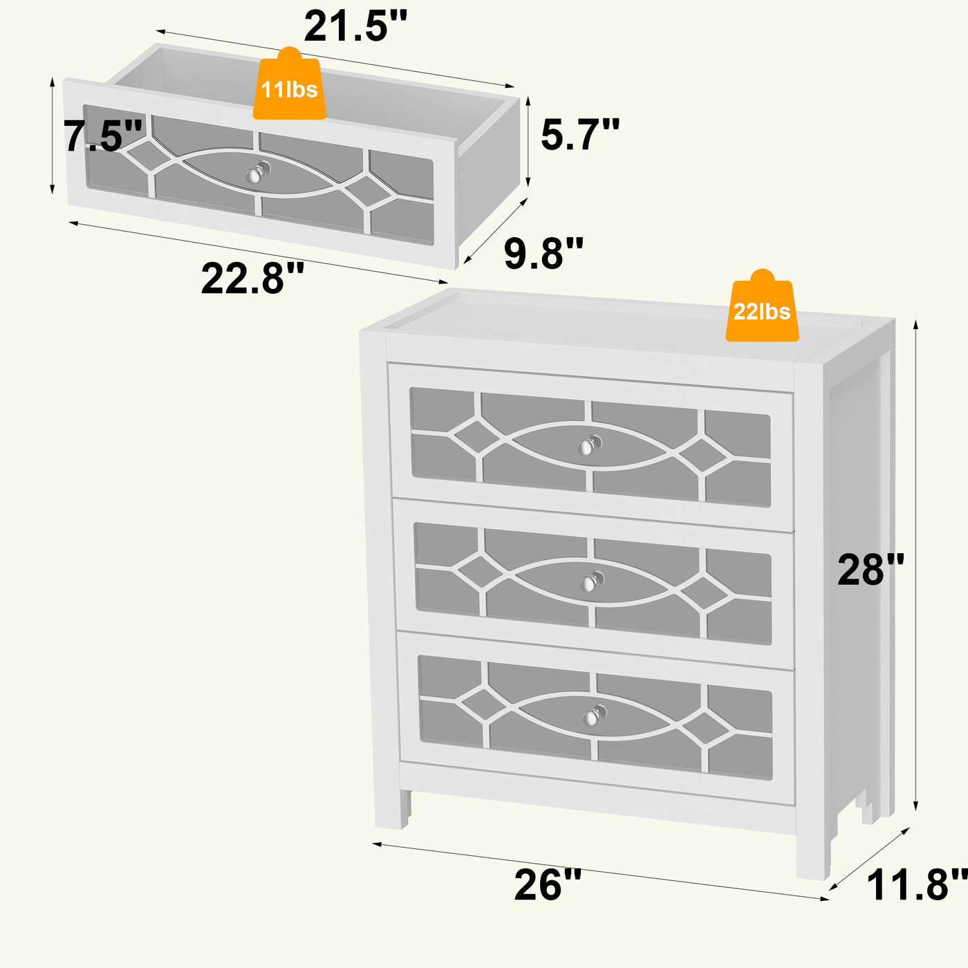 26" Mirrored 3-Drawer Dresser with Geometric Pattern